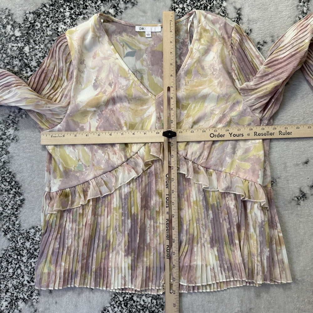 DR2 Blouse Womens Size L Multicolor Foral Watercolor Print‎ V Neck Pleated Top - Picture 4 of 8